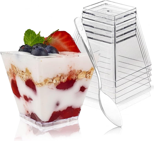 50 Pack 3.5 oz Square Dessert Cups with Spoons, Mini Plastic Parfait Appetizer Cups, Clear Reusable Small Shooter Cups, Serving Bowls for Tasting Party Samples Dessert Shot Glasses