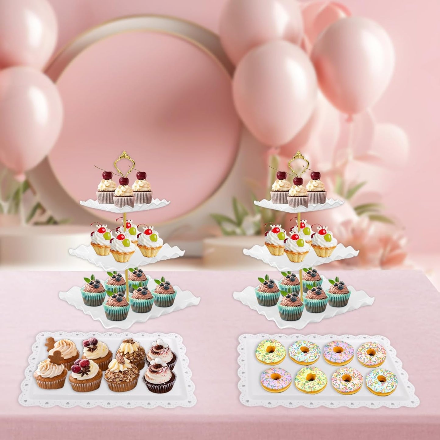 5 Pcs Dessert Table Display Set, White Plastic 2 Pcs Round 3 Tier Cupcake Stand Cup Cake Tower Stand with Metal Rod & 3 Pcs Serving Tray for Baby Shower, Tea Party, Wedding, Birthday Party