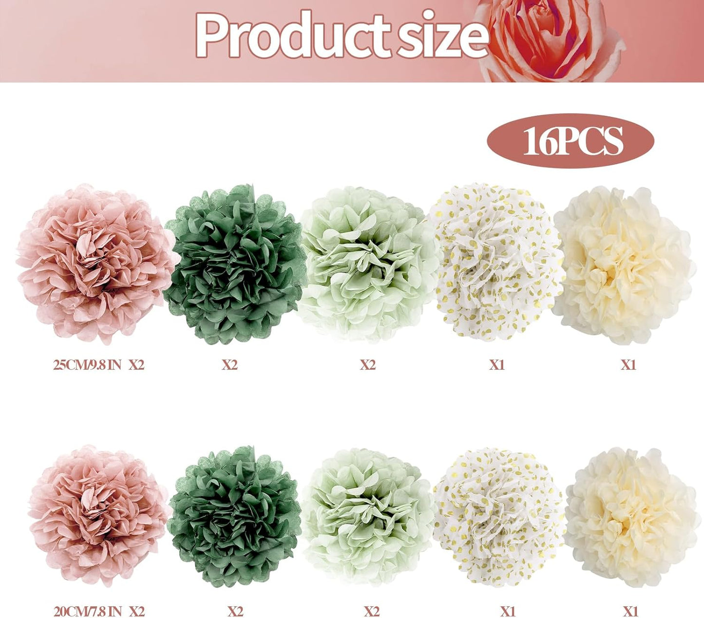 BestoFun 16 PCS Sage Green Party Decorations Tissue Paper Flowers Christmas Party Decors Hanging Pom Poms Decorations for Xmas New Year Winter Holiday Decorations