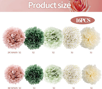 BestoFun 16 PCS Sage Green Party Decorations Tissue Paper Flowers Christmas Party Decors Hanging Pom Poms Decorations for Xmas New Year Winter Holiday Decorations