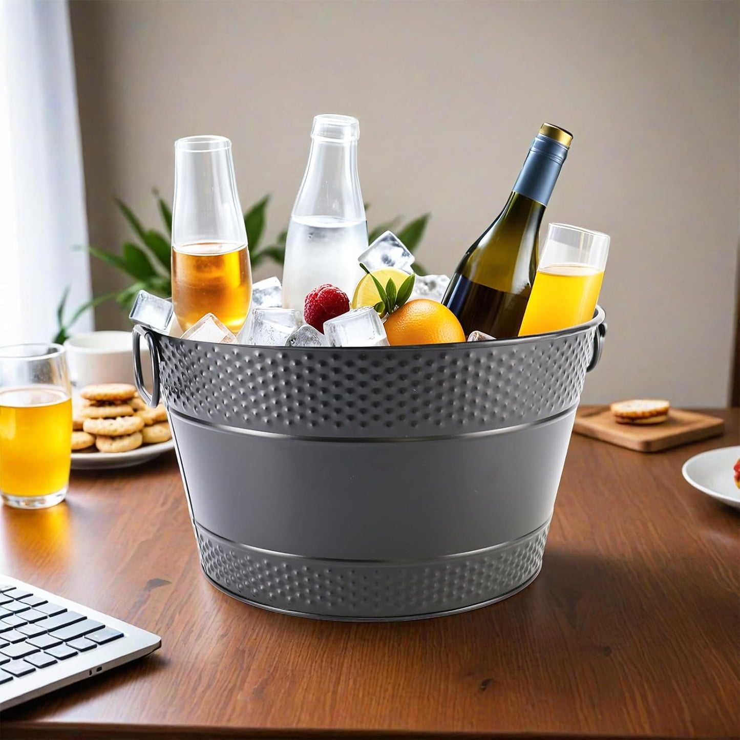 Metal Ice Bucket Galvanized Beverage Tub, Drink Buckets Large Cooler for Wine Beer Champagne Cocktails for Catering, Bars, Parties, Outdoor Events (Black-1PC)