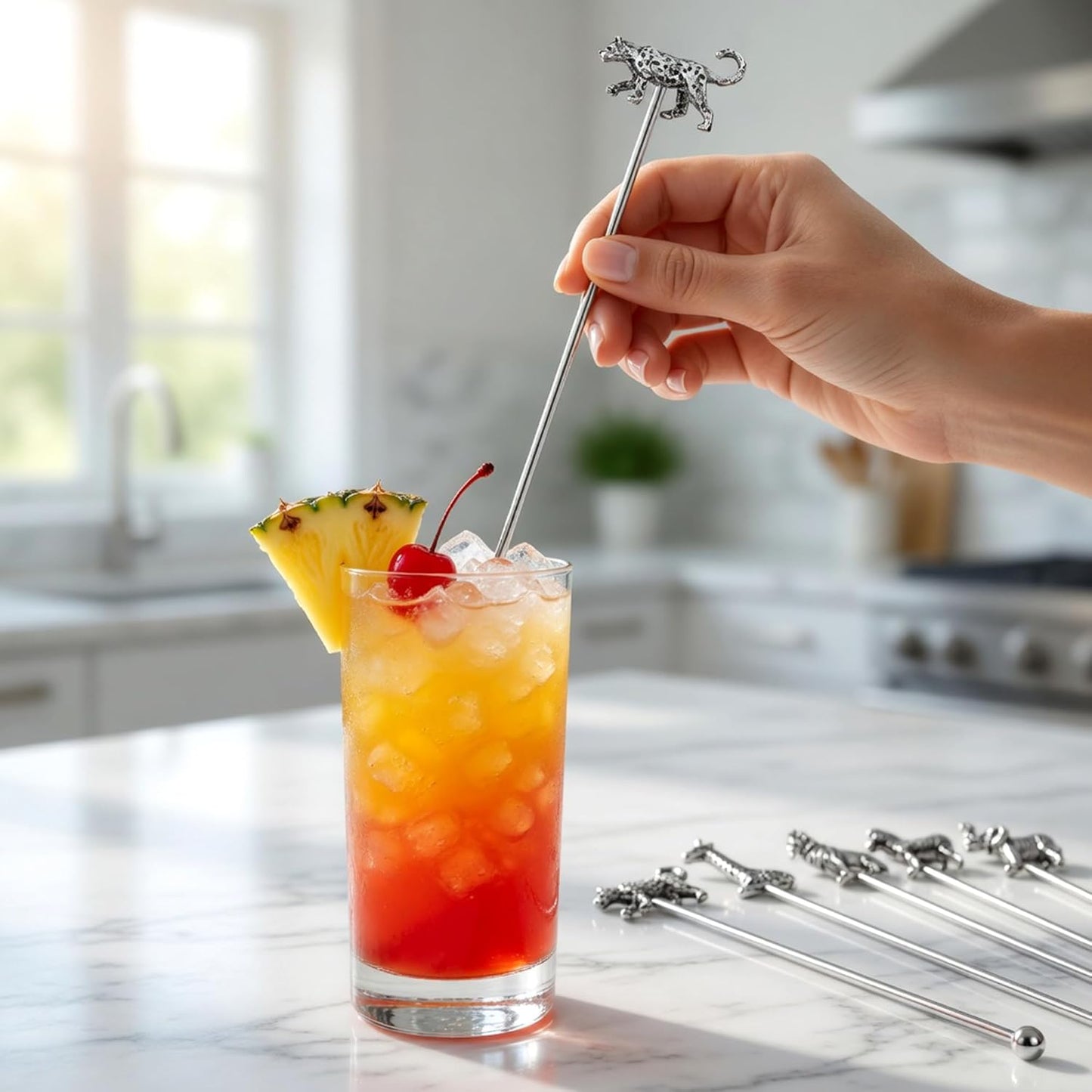 Homestia 7.5" Stainless Steel Cocktail Stirrers with Cute Animal Design, Set of 6 Reusable Swizzle Sticks for Coffee, Martini, Drinks - Dishwasher Safe Metal Bar Tools Stir Sticks