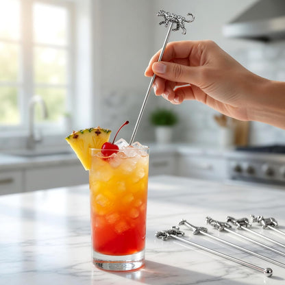 Homestia 7.5" Stainless Steel Cocktail Stirrers with Cute Animal Design, Set of 6 Reusable Swizzle Sticks for Coffee, Martini, Drinks - Dishwasher Safe Metal Bar Tools Stir Sticks