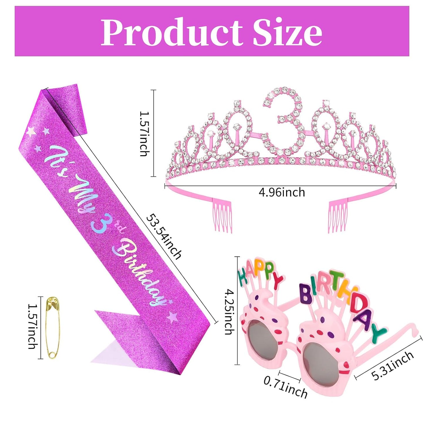 YARIEW 3rd Birthday Decorations, 3rd Glitter Purple Sash and Crown Kit with Happy Birthday Sunglasses, Tiara Princess Crown and Sash Party Outfit Accessory