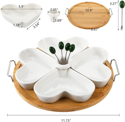 ZEAYEA 11 Inch Appetizer Serving Tray with Holder, Ceramic Divided Serving Platter with Food Picks for Christmas, Relish Tray for Chips and Dip, Veggies, Candy and Snacks, Parties, White