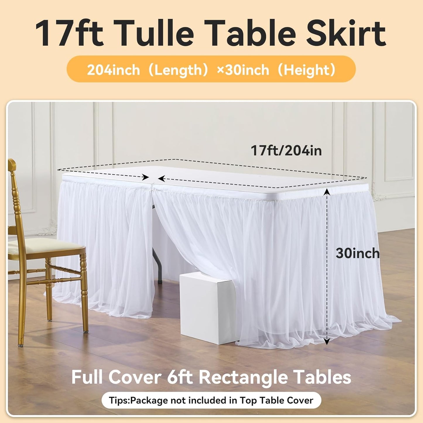 72inch Champagne Gold Tulle Table Skirts for Rectangle Round Tables, Gold Grim Ruffle Tulle Tutu Cloth Table Skirt 6ft for Wedding Birthday Party Cake Dessert Decor(No Top Cover)