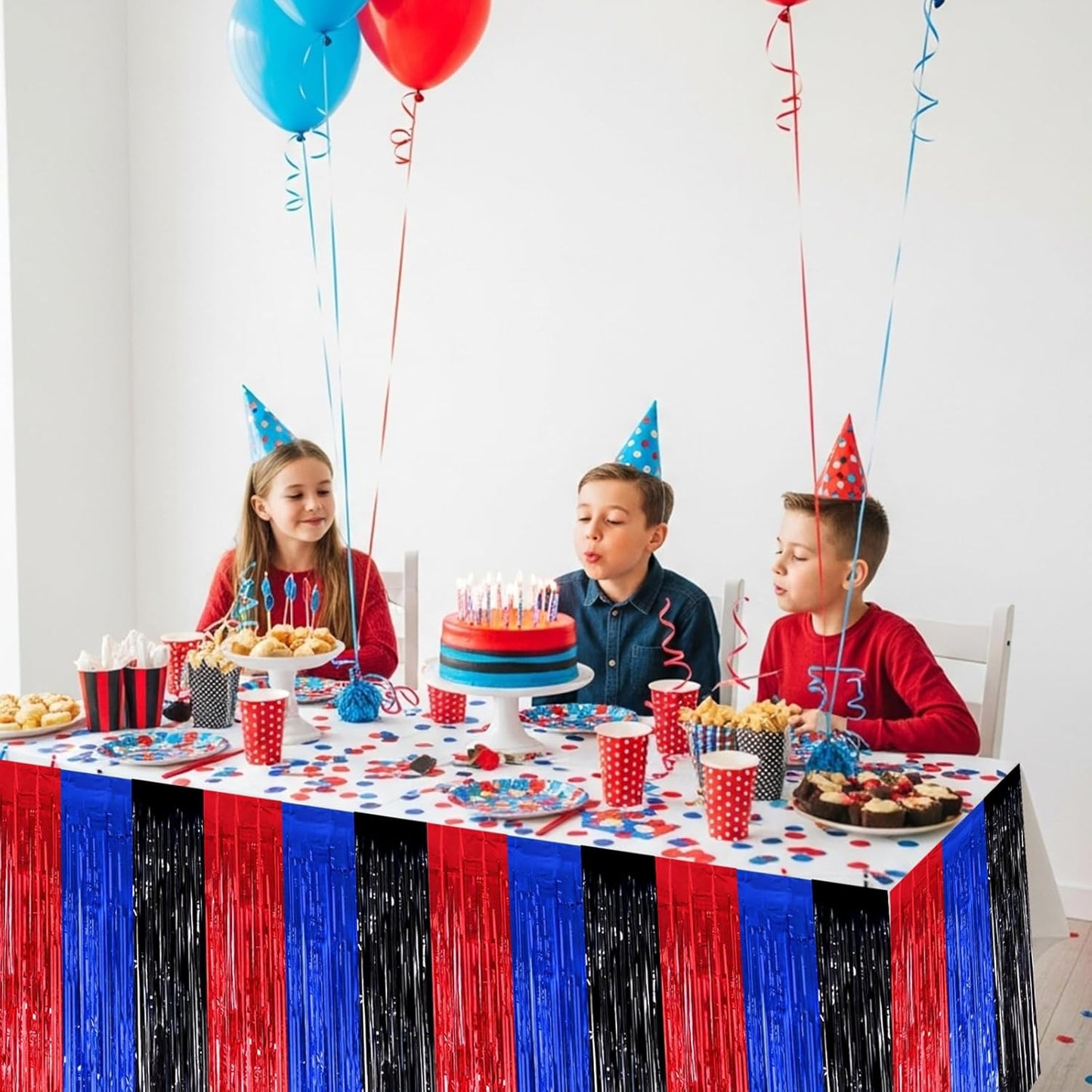 BEISHIDA 2 Pack Metallic Tinsel Foil Fringe Table Skirts for Rectangle & Round Tables Hot Pink Kids' Birthday, Holiday Cartoon Party Decorations for Birthday Valentines Baby Shower Festive Events