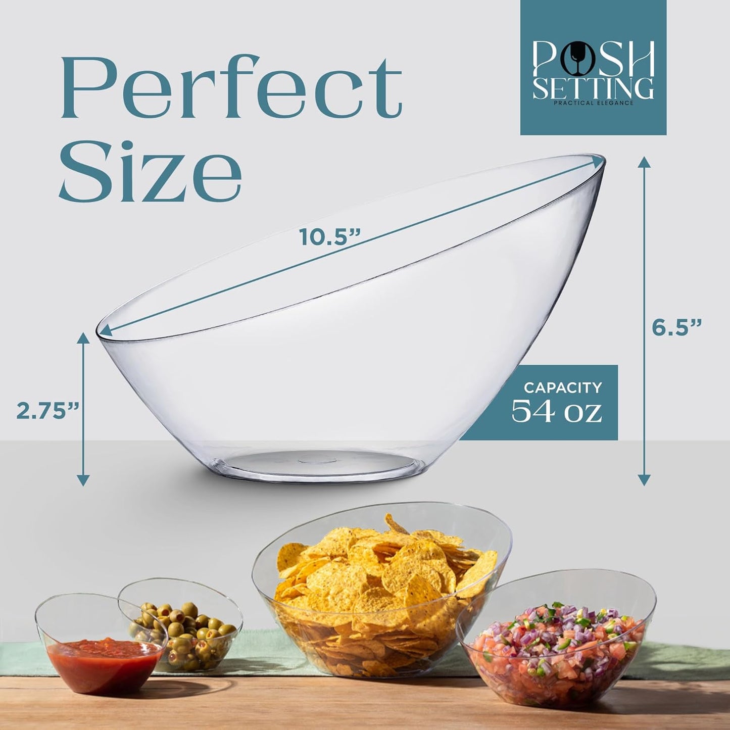 Posh Setting Crystal Clear, Disposable Premium Hard Plastic Medium Angled Bowl, Party, Salad, Snack and Fruit Bowl 5 Pack