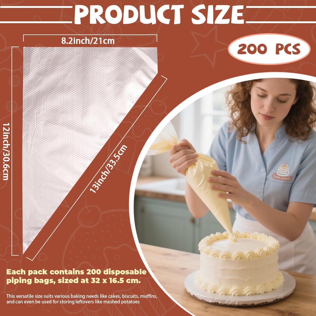 200 Pcs Disposable Cream Pastry Bag Cake Icing Piping Decorating Tool Cupcake Decorating Piping Icing Bag (Red)