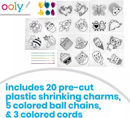 Ooly x Peanuts Snoopy 34 PC DIY Shrinking Art Kit for Kids with Markers, 20 Plastic Pre Cut Charms and More, No Mess Creative Activity Jewelry Making Kit