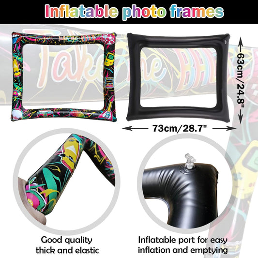 21Pcs Back to The 80s Inflatable Selfie Photo Frame & Props Set 1980s Retro Party Picture Frame I Love 80s Party Selfie Props for 1980s Throwback Birthday Back to 90S 80S Neon Party Supplies