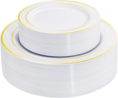 I00000 102 Pieces Gold Plastic Plates, Disposable Party Plates White Gold Rim, 51 Disposable Gold Dinner Plates 10.25 Inch and 51 Disposable Dessert Appetizer Elegant Fancy Wedding Plates 7.5 Inch