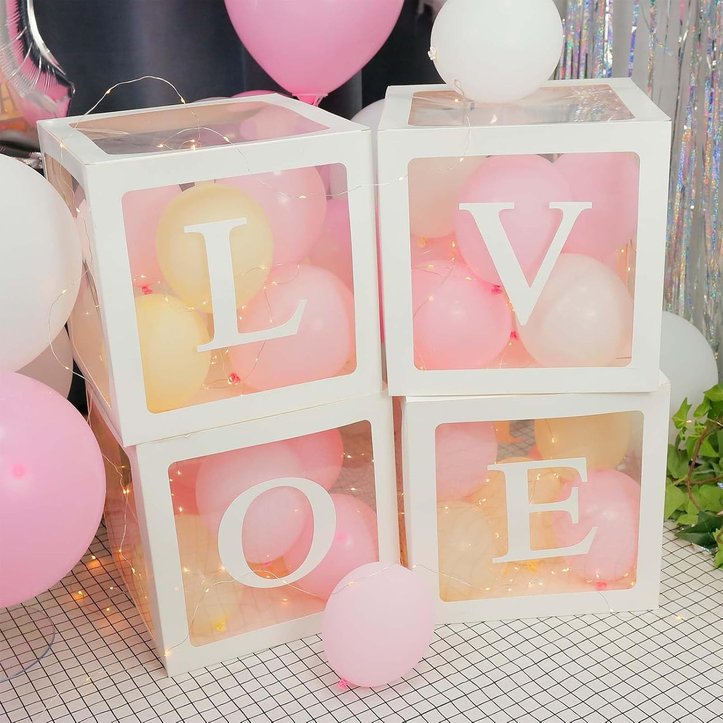 Ledido Transparent Balloon Boxes, Clear Balloon Boxes with 5 Pcs String Lights and 78 Letters for Baby Shower Gender Reveal 2026 New Year Grad Party Birthday Anniversary Bridal Decor - 5 White Boxes