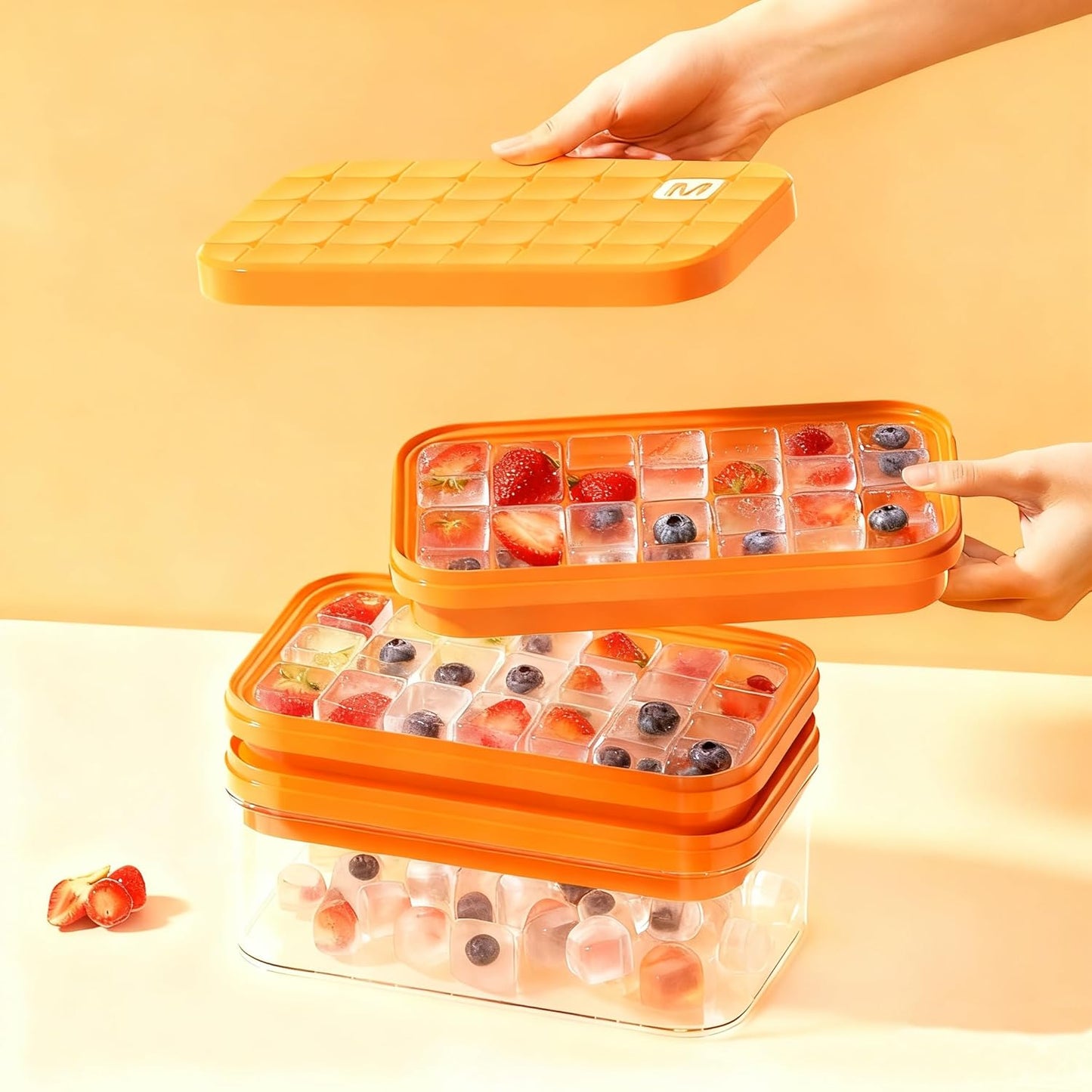 Compact Ice Cube Tray with Lid and Bin, Mini Press-Type Ice Cube Maker for Freezer, Space-Saving Small Ice Bucket with Tongs for RV, Office, Mini Ice Cube Trays & Water Bottles, BPA-Free (Green)