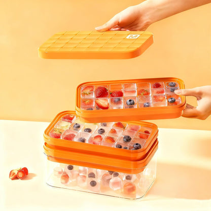 Compact Ice Cube Tray with Lid and Bin, Mini Press-Type Ice Cube Maker for Freezer, Space-Saving Small Ice Bucket with Tongs for RV, Office, Mini Ice Cube Trays & Water Bottles, BPA-Free (Green)