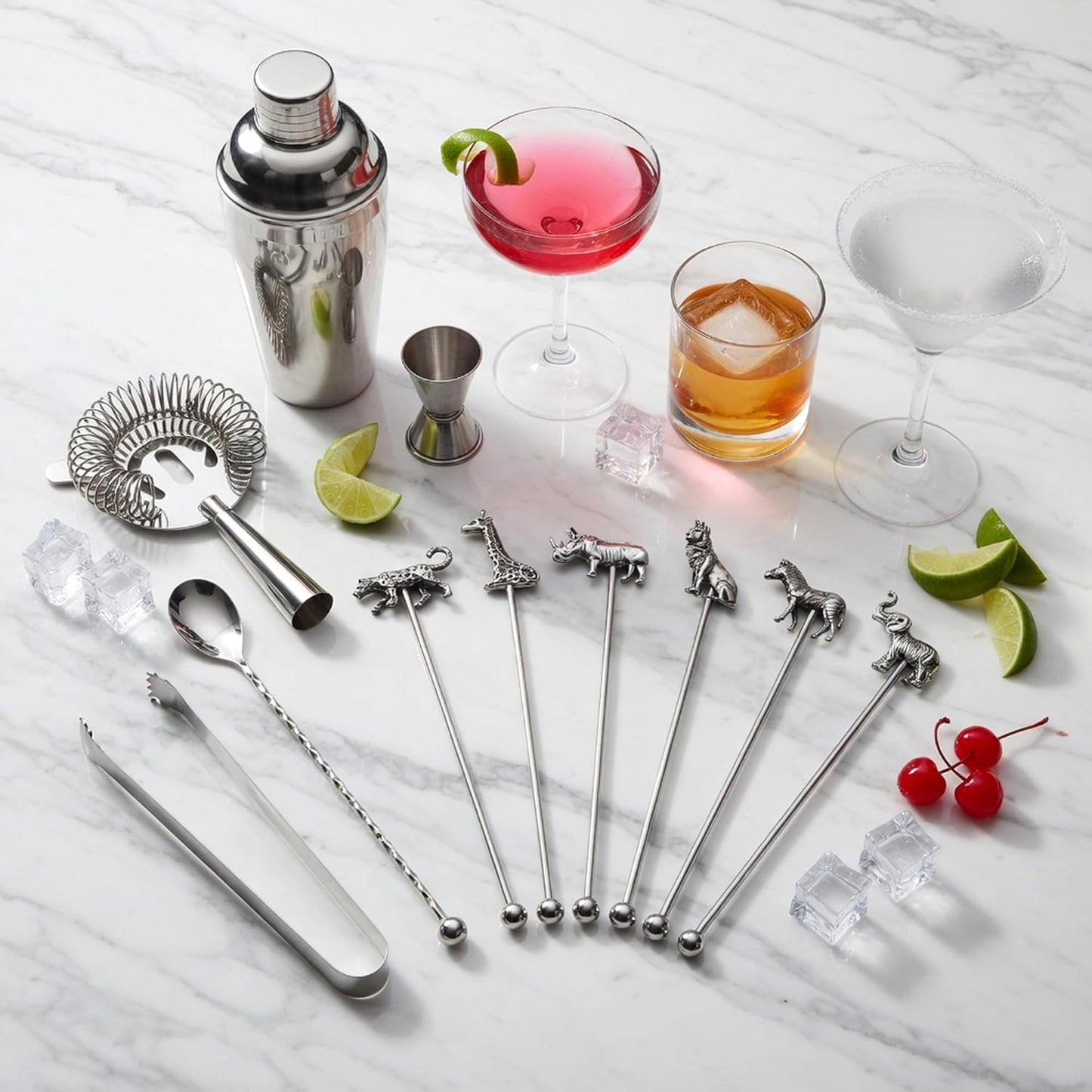 Homestia 7.5" Stainless Steel Cocktail Stirrers with Cute Animal Design, Set of 6 Reusable Swizzle Sticks for Coffee, Martini, Drinks - Dishwasher Safe Metal Bar Tools Stir Sticks