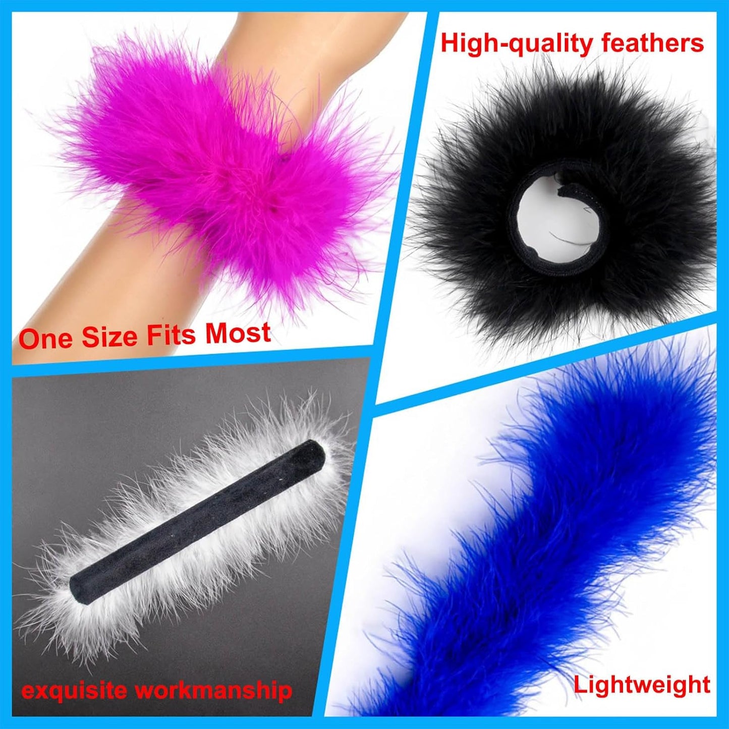 2Pcs Feather Wristbands, 9.65inch Soft Feather Wrist Slap Bracelet Cuffs, Snap Ring, Circle Slap Wrist Decoration Cuffs for Party Decoration