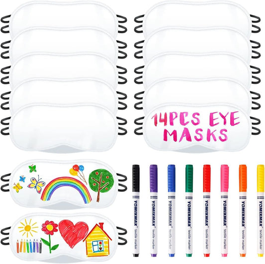 14 PCS Eye Mask Sleepover Party Supplies Sleep White Soft Shade Blindfold Eye Covering, Color the Bulk Game Stuff with 8 PCS Fabric Marker Pens