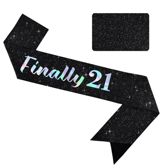 Vuzvuv Finally 21 Birthday Sash with Glitter, 21st Birthday Decoration,21st Sash for Women Man,Twenty One Party Favors Supplies and Decor-Black