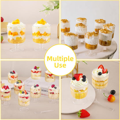 200 Pcs Dessert Cups with Spoons - 5 OZ Mini Clear Plastic Dessert Parfait Cups - Square Shooter Cup Round Goblet for Party Appetizer Fruit Pudding Ice Cream Cake