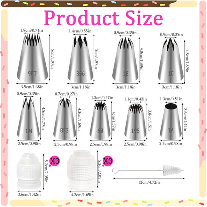 16pcs Large Piping Tips and Piping Couplers Set, Stainless Steel Cake Decorating Tips, Frosting Tips for Cupcakes Star Flower Shell Edge Rose Spiral Flower Decoration DIY Baking Supplies Tool