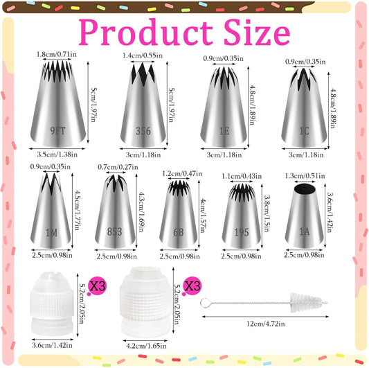 16pcs Large Piping Tips and Piping Couplers Set, Stainless Steel Cake Decorating Tips, Frosting Tips for Cupcakes Star Flower Shell Edge Rose Spiral Flower Decoration DIY Baking Supplies Tool