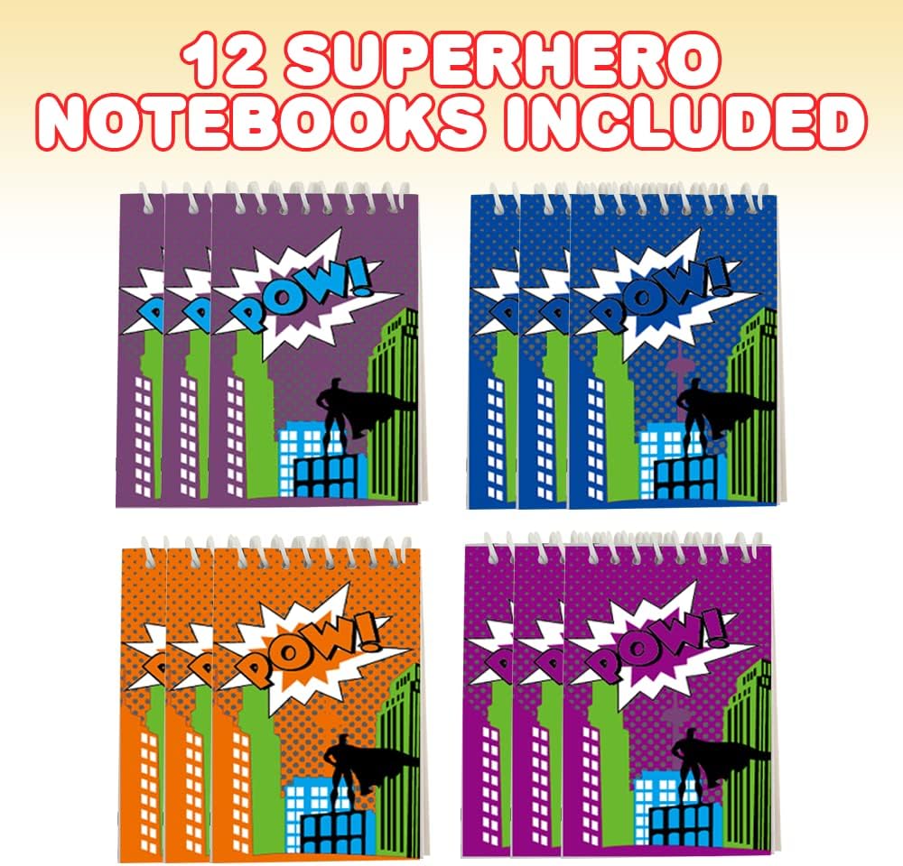 ArtCreativity Mini Superhero Notebooks, Pack of 12, Small Comic Inspired Spiral Notepads, Cute Stationery Supplies for School and Office, Fun Birthday Party Favors, Goodie Bag Fillers for Kids
