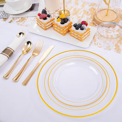 WELLIFE 350-Piece Gold Disposable Plates and Cutlery Set - Premium 10.25" Dinner Plates, 7.5" Dessert Plates, 9oz Cups & Cutlery for Weddings, Catering Events - 50 Guest Service - Elegant & Sturdy