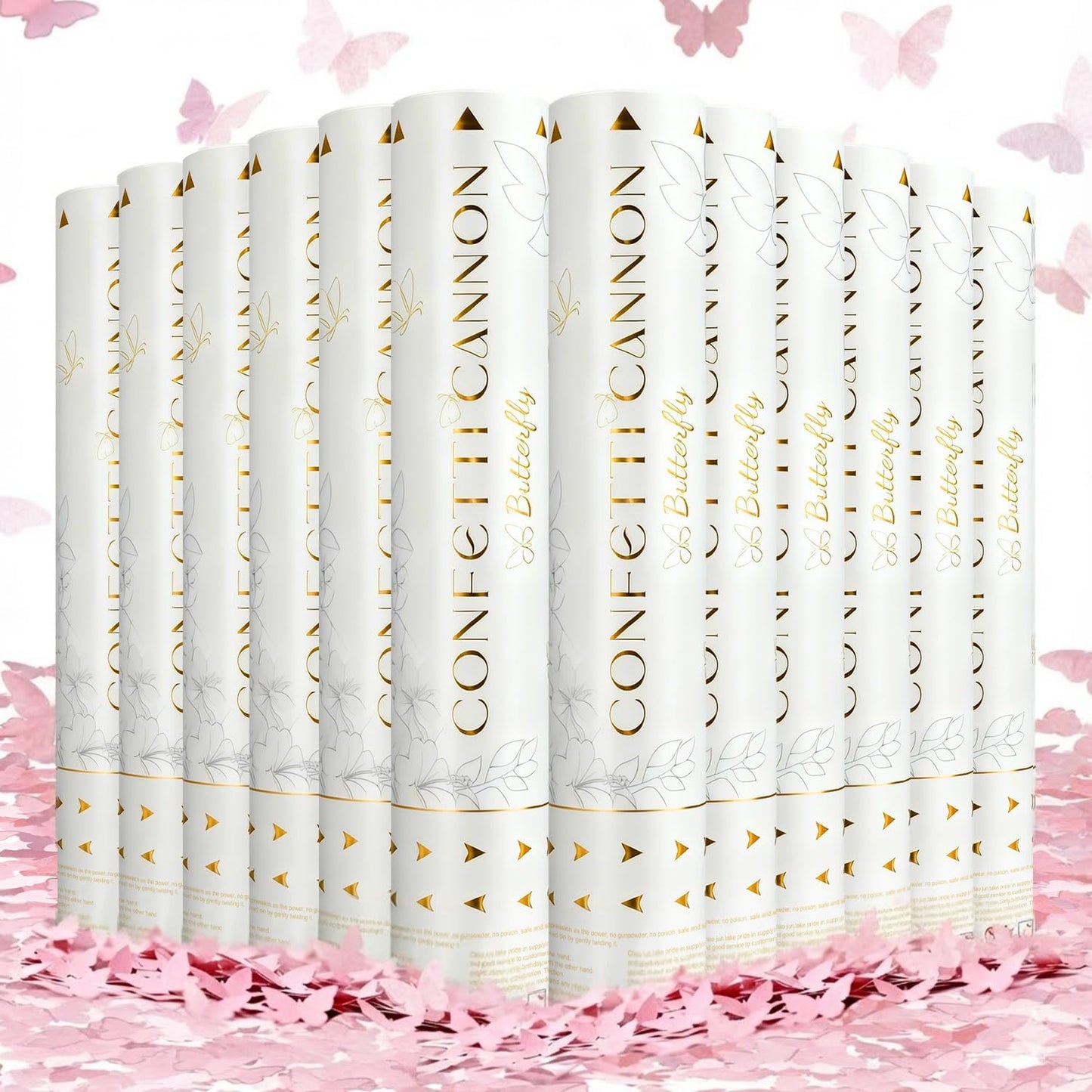 Confetti Cannon Butterfly Confetti Poppers 12 Pack Party Poppers 12 inch Pink Confetti Shooters Butterfly Sticks for Wedding Birthday Graduation Anniversary Bridal Shower Valentines Christmas New Year
