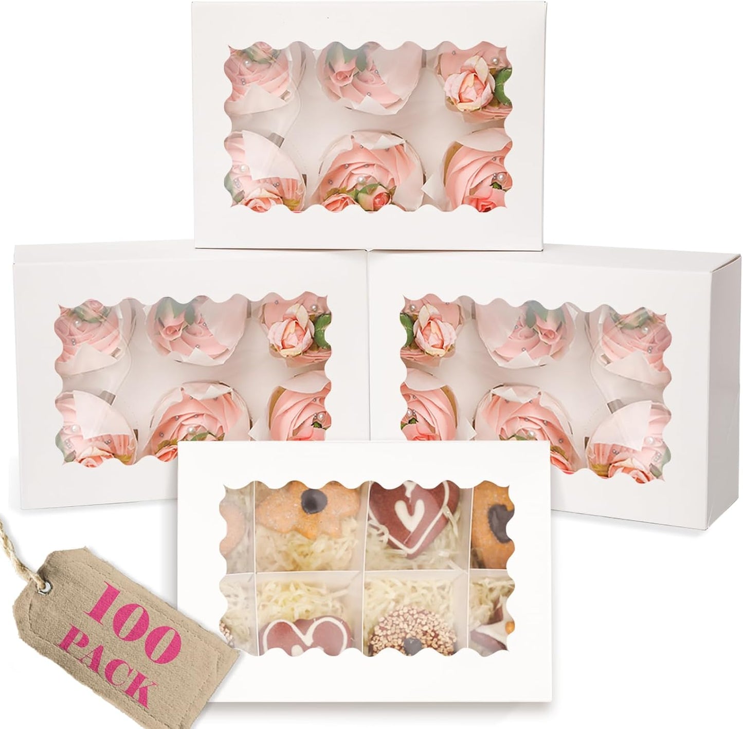 qiqee Auto-pop Up Cupcake Boxes with Window White 40PCS 12 Count Cupcake Box 13"x10"x3.5" Cupcakes Carrier, 12 Cupcake Containers with 2 rolls of pink ribbons