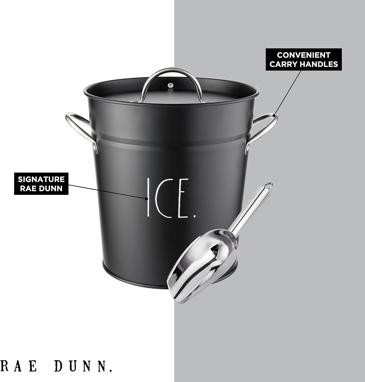 Rae Dunn Ice Bucket with Scoop - Stainless Steel Bucket with Handle, Lid and Ice Scooper - 4 Qt. Storage Bin for Ice Cubes for Bars, Parties, Backyard Barbeques, Picnics, and Camping (Sage)