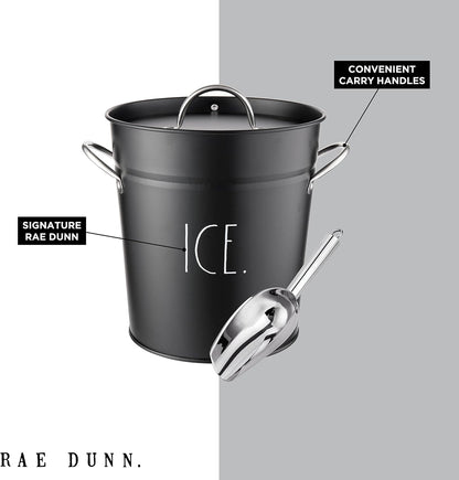 Rae Dunn Ice Bucket with Scoop - Stainless Steel Bucket with Handle, Lid and Ice Scooper - 4 Qt. Storage Bin for Ice Cubes for Bars, Parties, Backyard Barbeques, Picnics, and Camping (Sage)