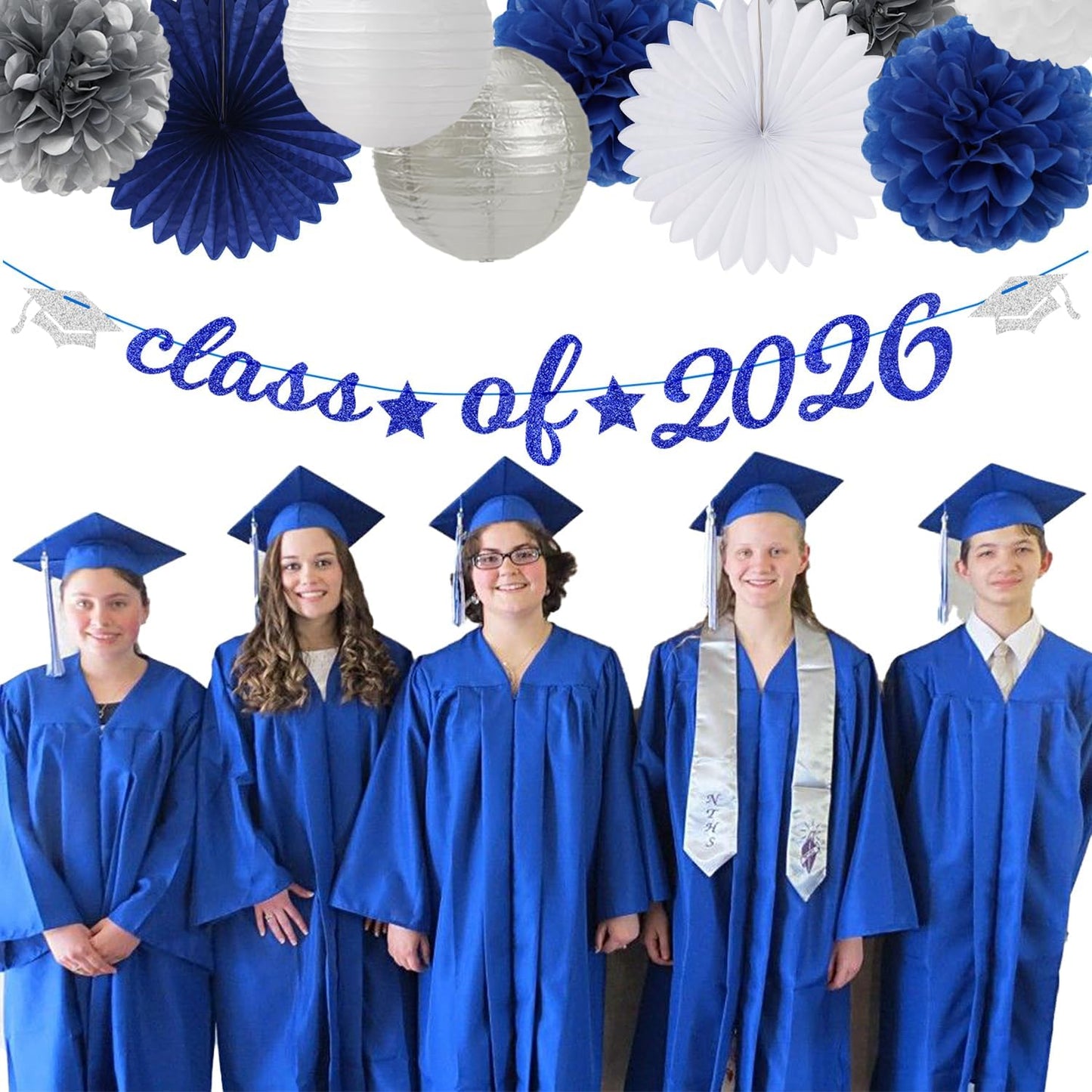 2026 Blue Class-Congratulations Prom Graduation Party-Decorations - 22pcs High School College Grad Supplies Decor,Royal Navy White Silver Tissue Pom Poms Streamers, Paper Flowers Lanterns Hugmoon