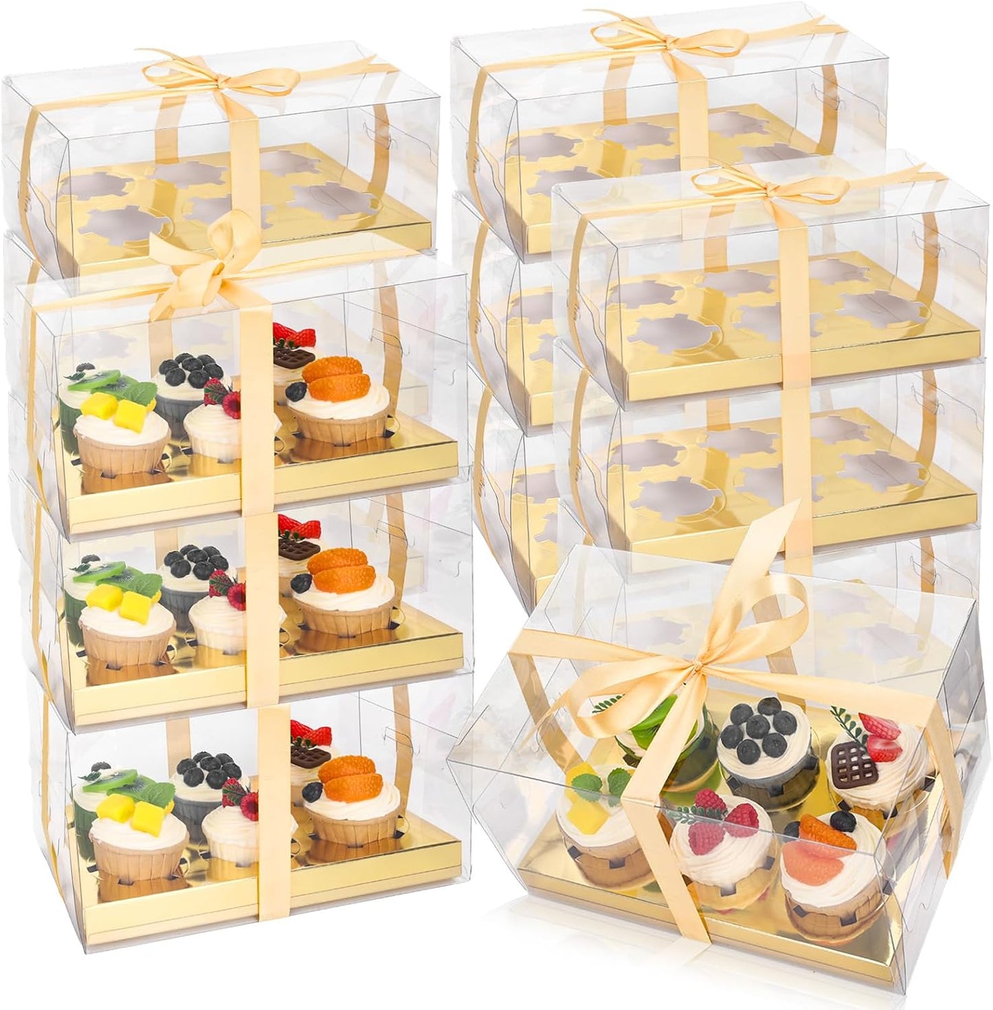 Whaline 16 Sets Clear Cupcake Boxes 6 Count Rectangle Bakery Cake Containers with Gift Ribbon Plastic Cupcake Carrier Holder for Wedding Birthday Baby Shower Favors