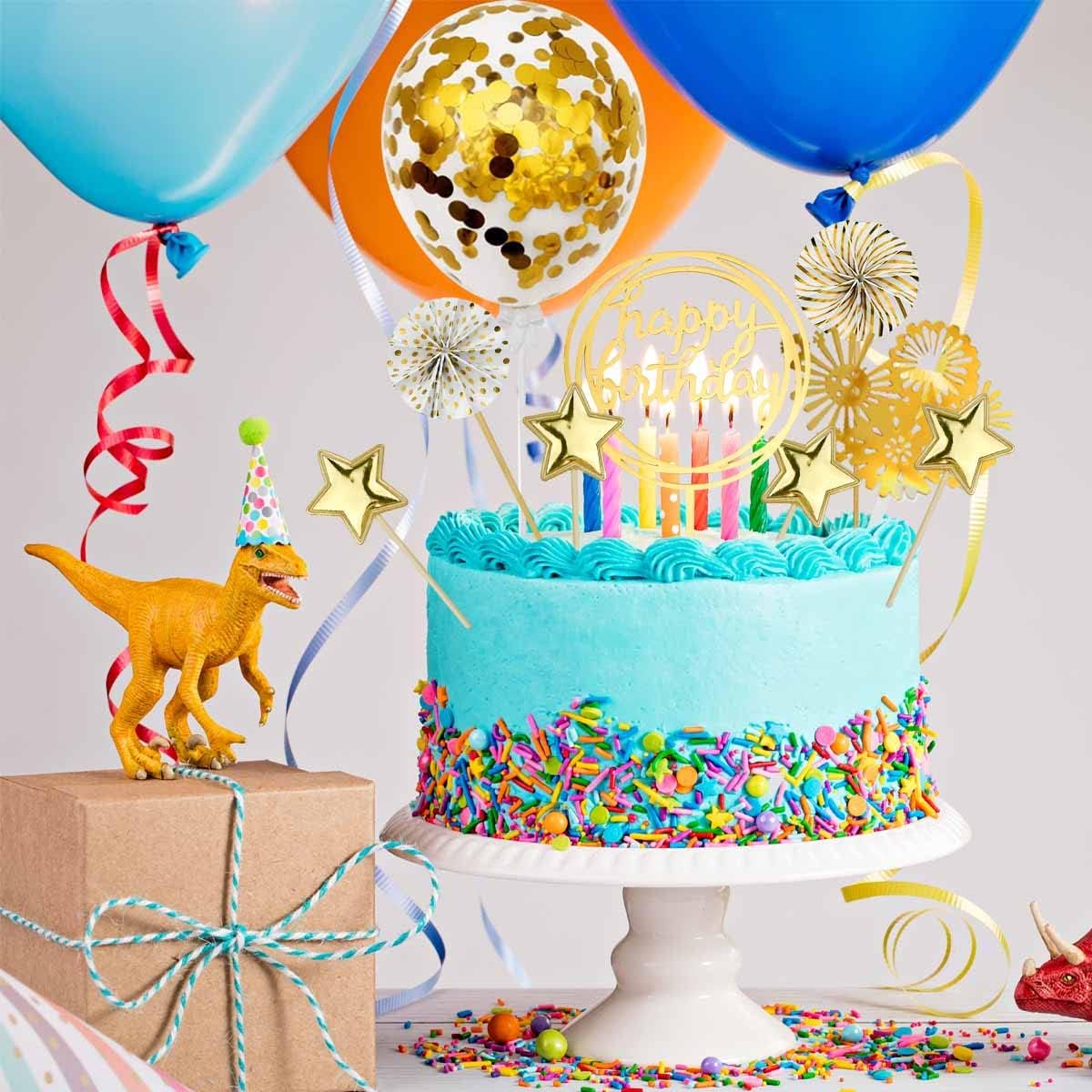 Cake Topper Decoration Set Acrylic Glitter Happy Birthday Cake Topper with Confetti Balloon Paper Fans Stars Firework Cupcake Toppers for Gold Theme Decor Girl Women Birthday Party Supplies (Gold)