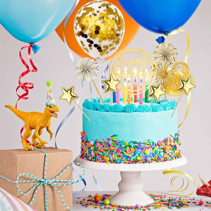 Cake Topper Decoration Set Acrylic Glitter Happy Birthday Cake Topper with Confetti Balloon Paper Fans Stars Firework Cupcake Toppers for Gold Theme Decor Girl Women Birthday Party Supplies (Gold)
