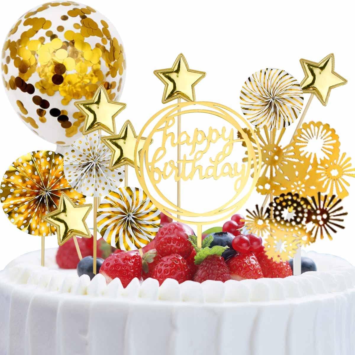 Cake Topper Decoration Set Acrylic Glitter Happy Birthday Cake Topper with Confetti Balloon Paper Fans Stars Firework Cupcake Toppers for Gold Theme Decor Girl Women Birthday Party Supplies (Gold)
