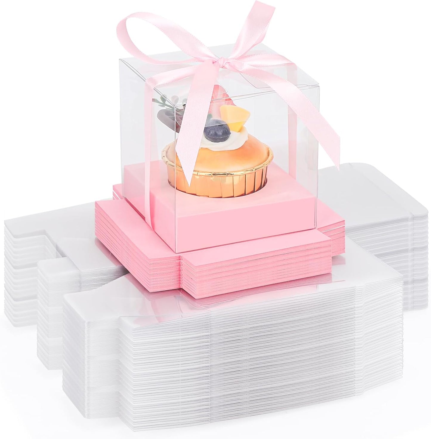 EUSOAR Individual Cupcake Holder, 50pcs 3.5 Inch Plastic Black Cupcake Containers with Lids, Single Transparent Display Clear Cupcake Carrier with Ribbon and Inserts for Wedding Party Favor
