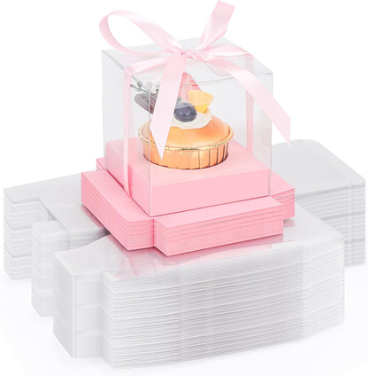 EUSOAR Individual Cupcake Holder, 50pcs 3.5 Inch Plastic Black Cupcake Containers with Lids, Single Transparent Display Clear Cupcake Carrier with Ribbon and Inserts for Wedding Party Favor