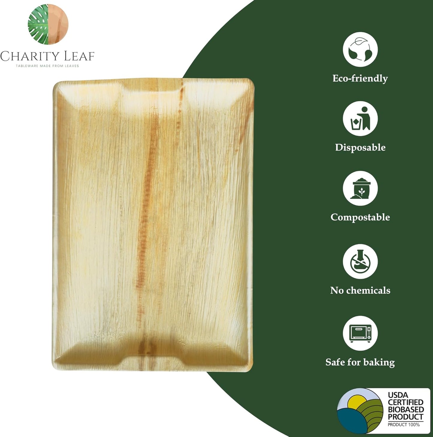 Charity Leaf Disposable Palm Leaf 17" x 12" Rectangle Trays (10 Pieces) Bamboo Like Serving Platters, Disposable Boards, Eco-Friendly Dinnerware for Weddings, Catering, Events