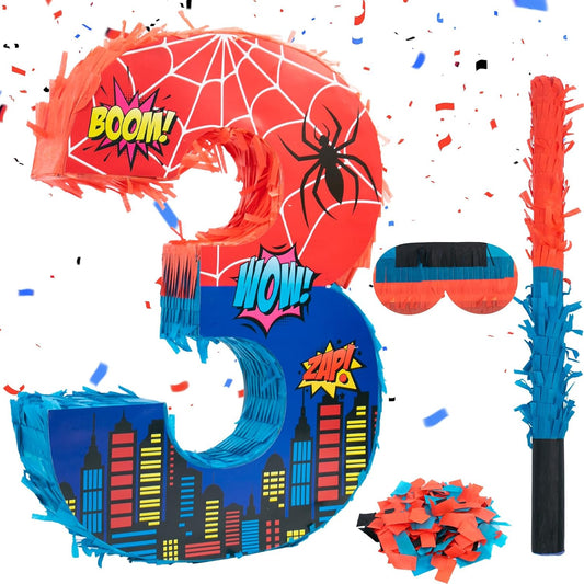 Number 4 Spider Pinata Bundle with 16 Inch Piñata Stick Blindfold Confetti for Hero Birthday Party Decoration Anniversary Celebration Gift Spider Party Favors for Kids, 16 x 11.6 x 2.4 Inch