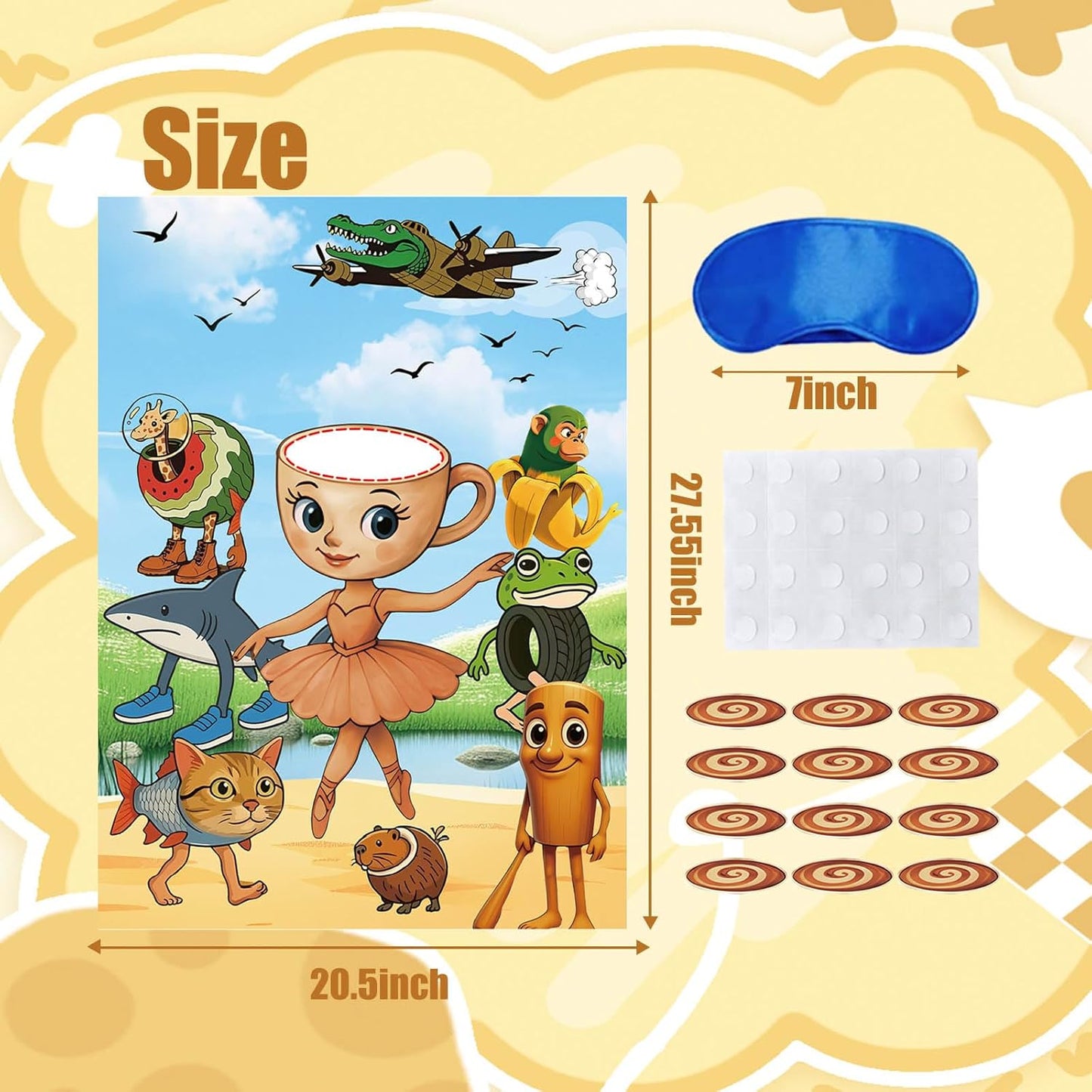 TJLMCORP Italian Brainrot Party Game, Pin the Tail Party Game Set With 24 Stickers and and 2 Blindfolds, Tralalero Themed Birthday Party Supplies, Brain Rot Party Decorations（Tung Tung Tung Sahur）