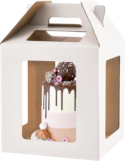 Cake Box with Windows and Handle, 10x10x10 inches, Tall Cake Carrier for Tiered Cakes, White