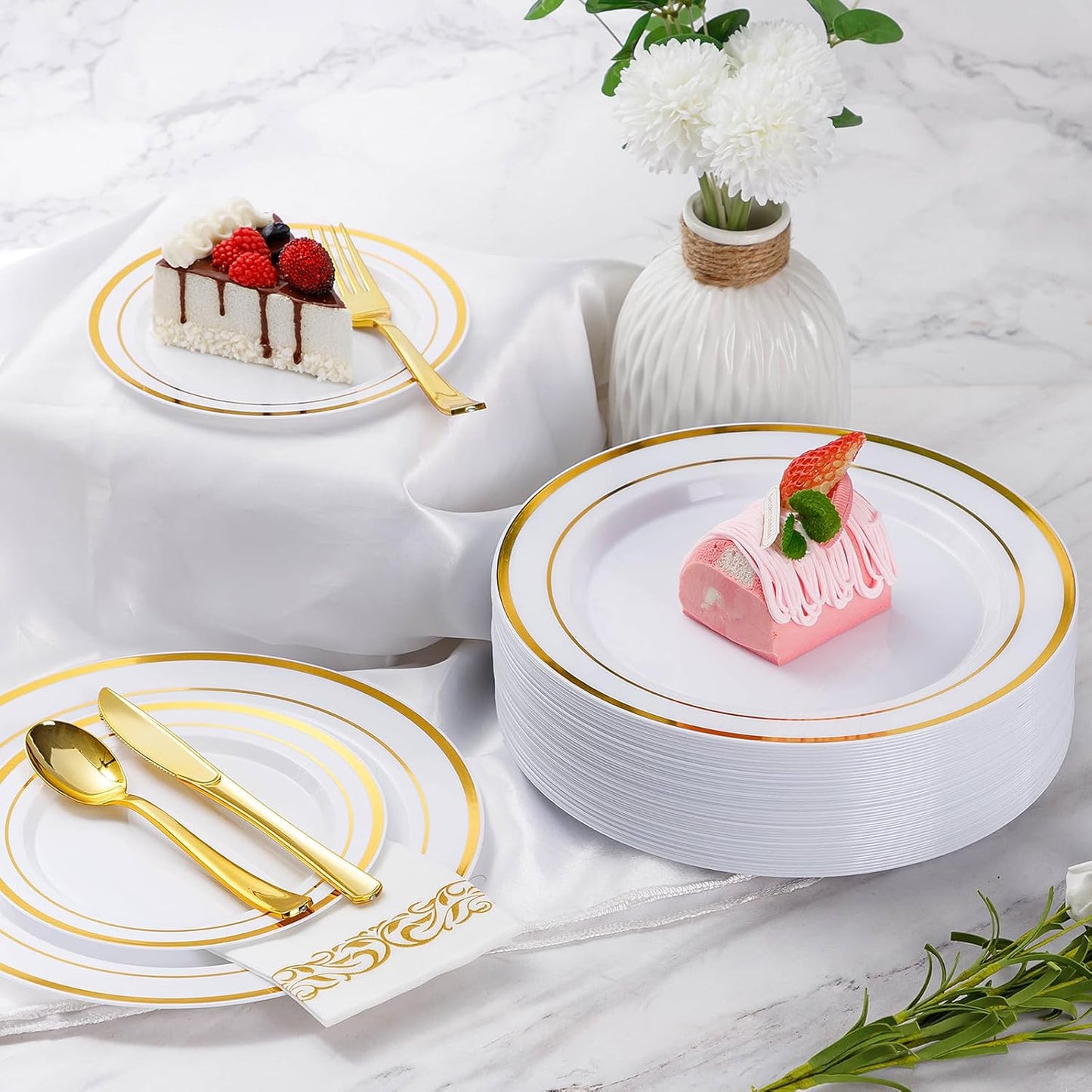 Goodluck 350 Pieces Gold Dinnerware Set for 50 Guests, Plastic Plates Disposable for Party, Include: 50 Gold Rim Dinner Plates, 50 Dessert Plates, 50 Paper Napkins, 50 Cups, 50 Gold Silverware Set