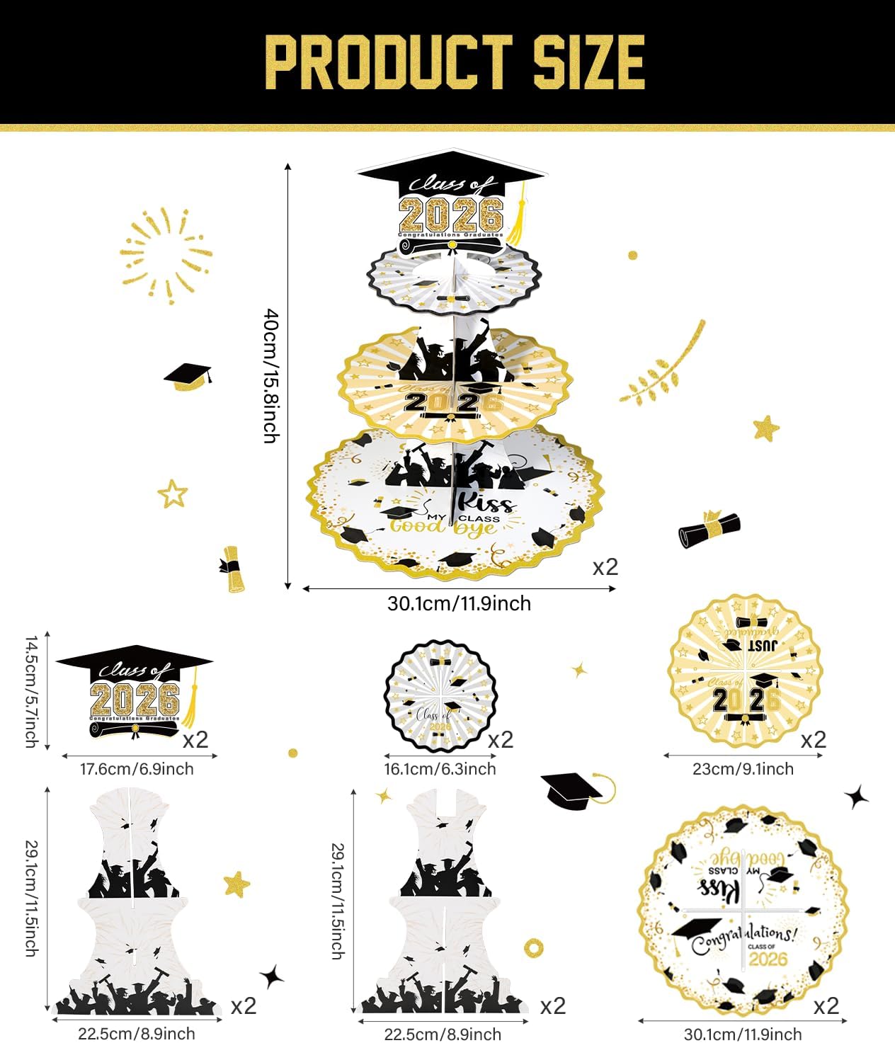 Set of 2 Graduation Cupcake Stand for 50 Cupcakes Black Gold Graduation Cap Decorations Cardboard Cake Dessert Holder Tower for Class of 2026 Congrats Grad Party Supplies