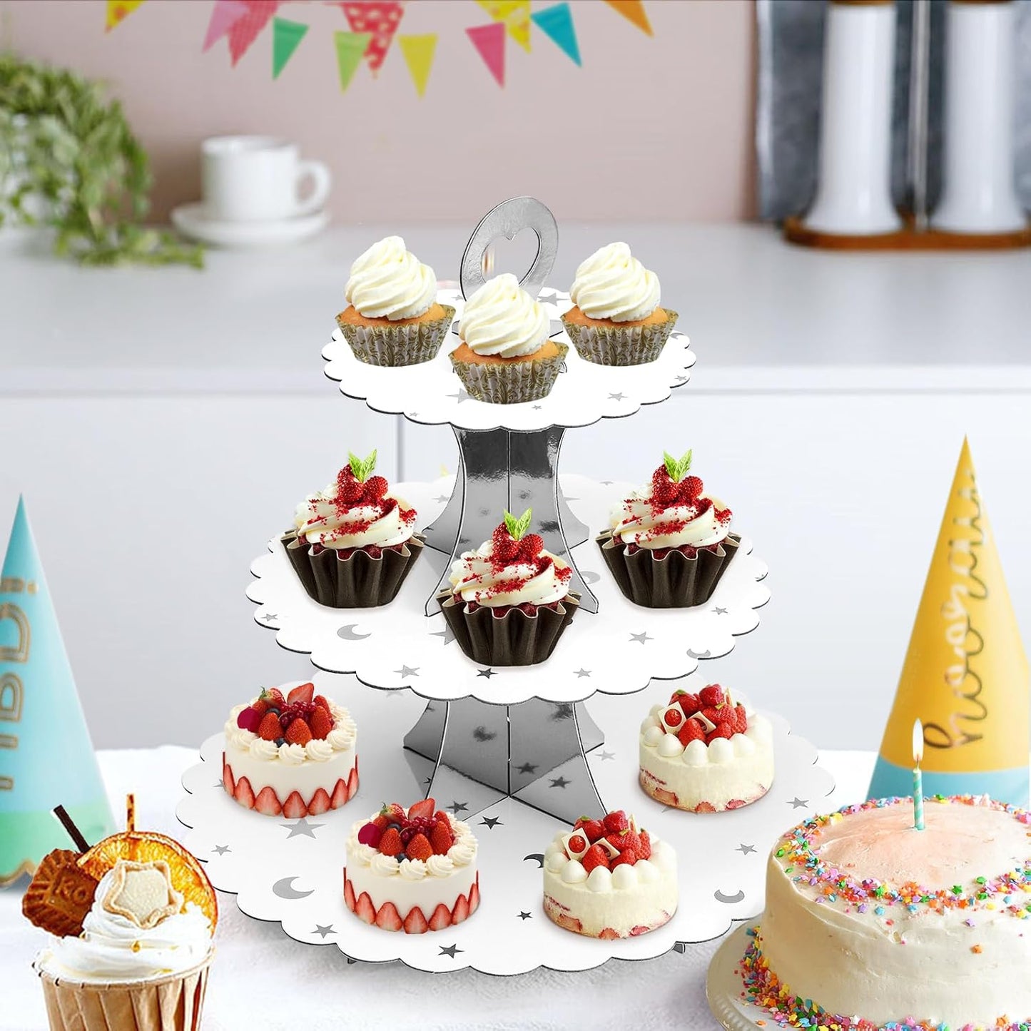 Soleebee 3-Tier Cupcake Stand, Cardboard Cupcake Tower, Dessert Cup Cake Stand Tower for Birthday Wedding Party Decoration, Cupcake Tier Stand 1 Set (Black)