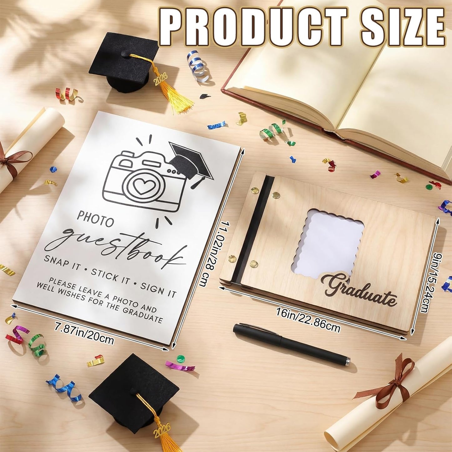 Marspark Graduation Guest Book Set 16 x 9" 90 Pages Wooden Scrapbook Photo Album Photo Guest Book Sign with Pen Graduation Memory for College Gift Congratulations Grad Party Decorations