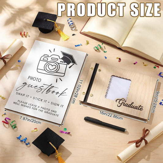 Marspark Graduation Guest Book Set 16 x 9" 90 Pages Wooden Scrapbook Photo Album Photo Guest Book Sign with Pen Graduation Memory for College Gift Congratulations Grad Party Decorations