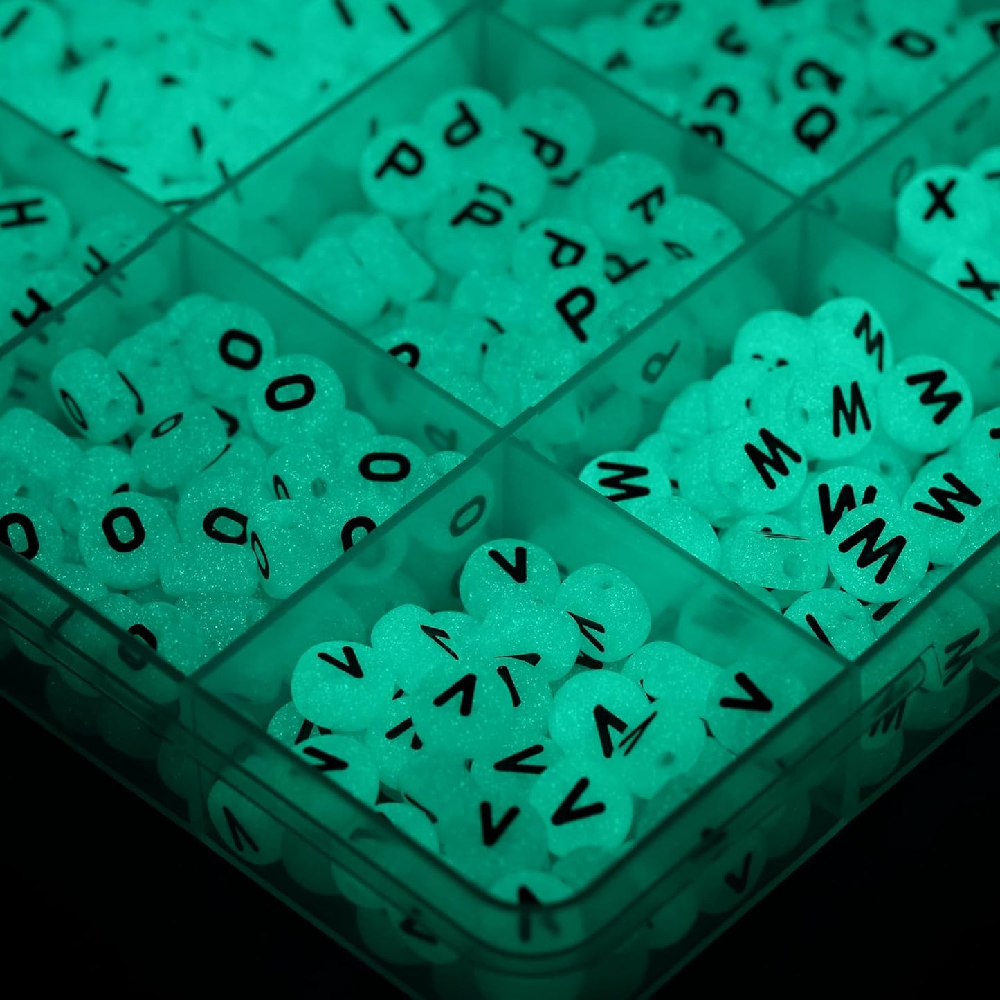 Melius 1450Pcs Acrylic Glow Letter Beads, Alphabetical Glowing in The Dark Beads in 28 Grid Box for Jewelry Making, DIY Bracelets, Necklaces, Key Chains (Glowing, 4x7mm)