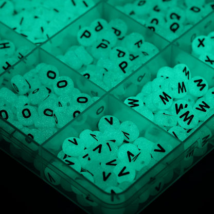 Melius 1450Pcs Acrylic Glow Letter Beads, Alphabetical Glowing in The Dark Beads in 28 Grid Box for Jewelry Making, DIY Bracelets, Necklaces, Key Chains (Glowing, 4x7mm)